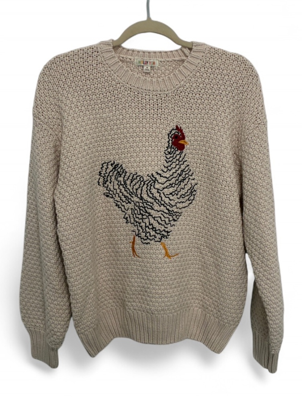 Molly Yeh Beige Knit Sweater with Chicken Embroidered Graphic